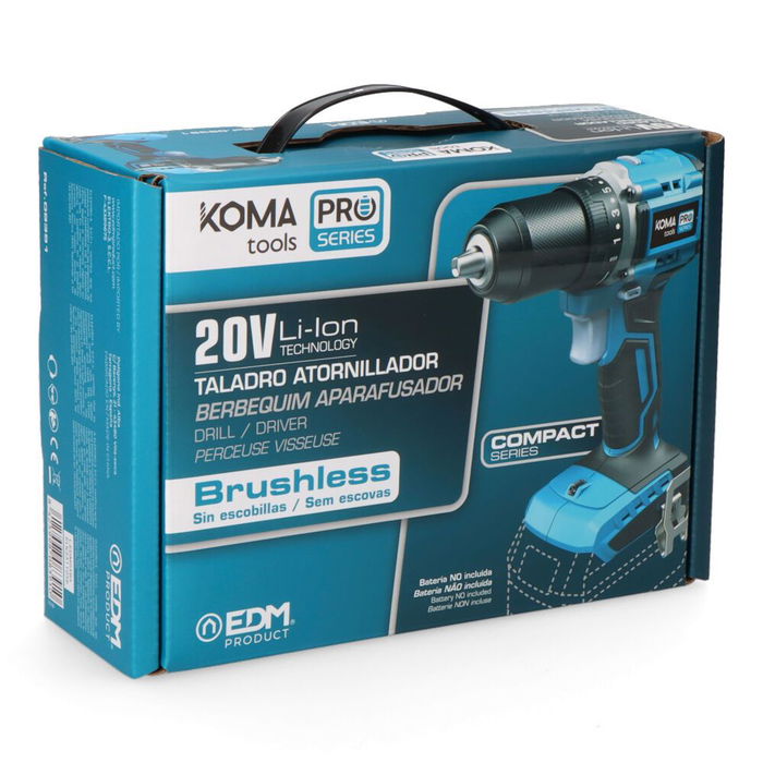 Koma Tools Taladro Atornillador Compacto Brushless 20V sin Batería - Pro Series, 50 Nm, 2 Velocidades (0-500/0-1800 rpm), Mandril 13 mm, Luz, Modelo 20V-TACB