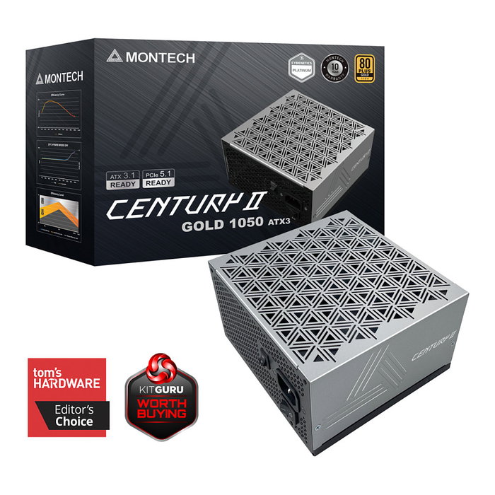 Montech CENTURY II 1050W 80 PLUS Gold ATX 3.1 - Fuente de Alimentación PC 1050W Certificado Oro, Plata, Modular, 12VHPWR (12-Pin), 1x PCIe 16-Pin, 6x PCIe