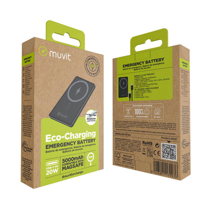 Muvit For Change Powerbank 5000mAh MCCHP0009 Negra con Carga Inalámbrica y USB-C
