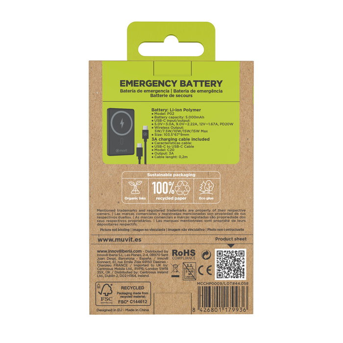 Muvit For Change Powerbank 5000mAh MCCHP0009 Negra con Carga Inalámbrica y USB-C