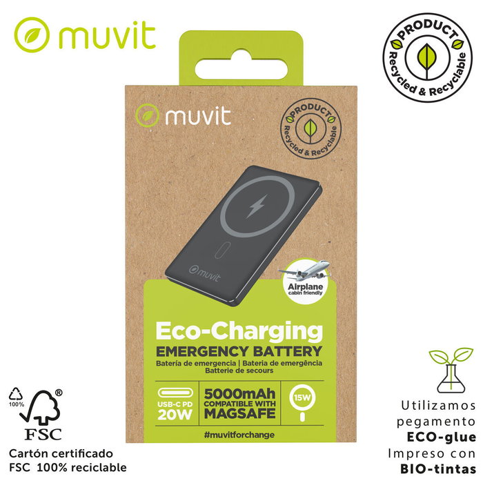 Muvit For Change Powerbank 5000mAh MCCHP0009 Negra con Carga Inalámbrica y USB-C