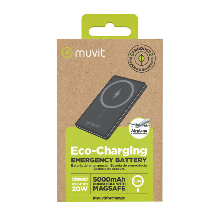 Muvit For Change Powerbank 5000mAh MCCHP0009 Negra con Carga Inalámbrica y USB-C