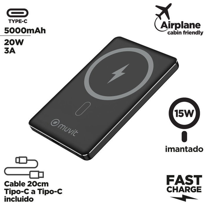 Muvit For Change Powerbank 5000mAh MCCHP0009 Negra con Carga Inalámbrica y USB-C