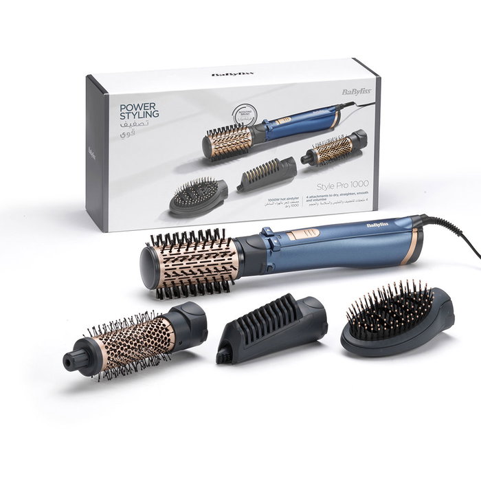 BaByliss AS965E STYLE PRO 1000 Cepillo Aire Rotativo Iónico, Desenredar Secar Alisar, 4 Accesorios, Anti-Frizz