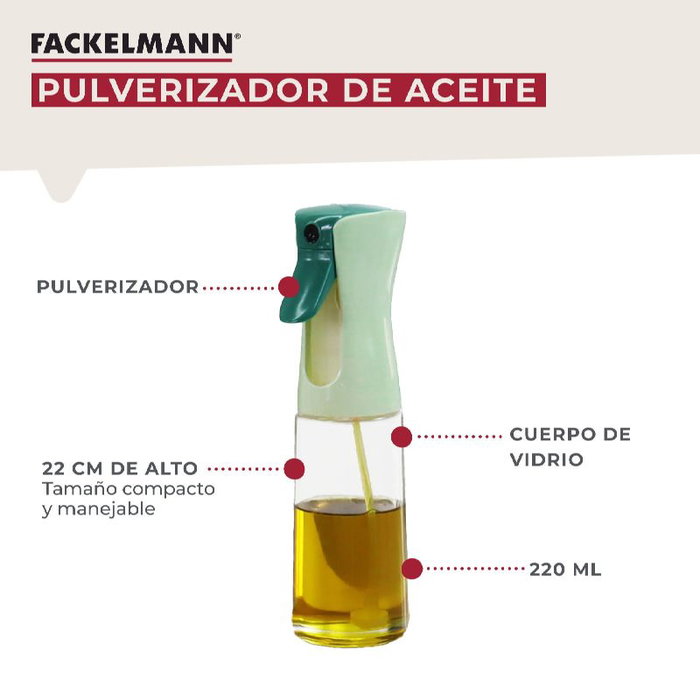 FACKELMANN PULVERIZADOR DE ACEITE DE CRISTAL 220 ML - SPRAY PARA COCINA, SALSA Y ENSALADAS, RECARGABLE, BOTELLA VERTER, DOSIFICADOR DE ACEITE DE OLIVA