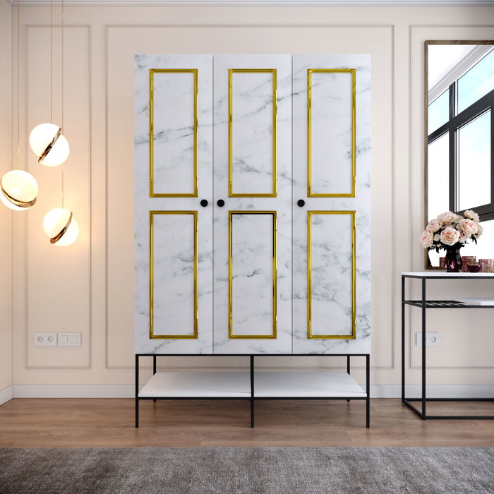 Hanah Home Armario Martin 3 Blanco, Negro y Dorado 126x200x50 cm