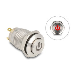 DeLOCK 20981 Drucktaster zum Einbau 12 mm con LED rojo Powersymbol, 4 x Lötanschluss, IP65, 230V, 3A, Níquel/Acero inoxidable, Plata