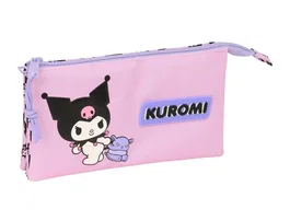 Safta Estuche Portatodo Triple con Crema (3 Compartimentos) Kuromi - Dimensiones: 12x22x3 cm (120x220x30 mm) para Colegio y Trabajo
