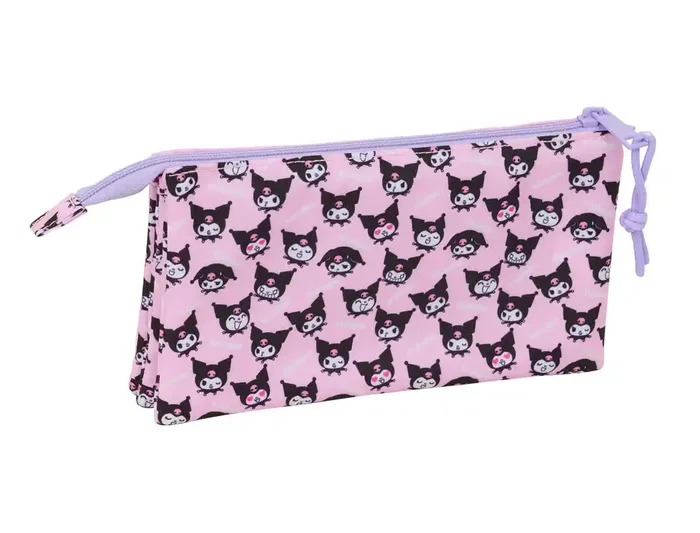 Safta Estuche Portatodo Triple con Crema (3 Compartimentos) Kuromi - Dimensiones: 12x22x3 cm (120x220x30 mm) para Colegio y Trabajo
