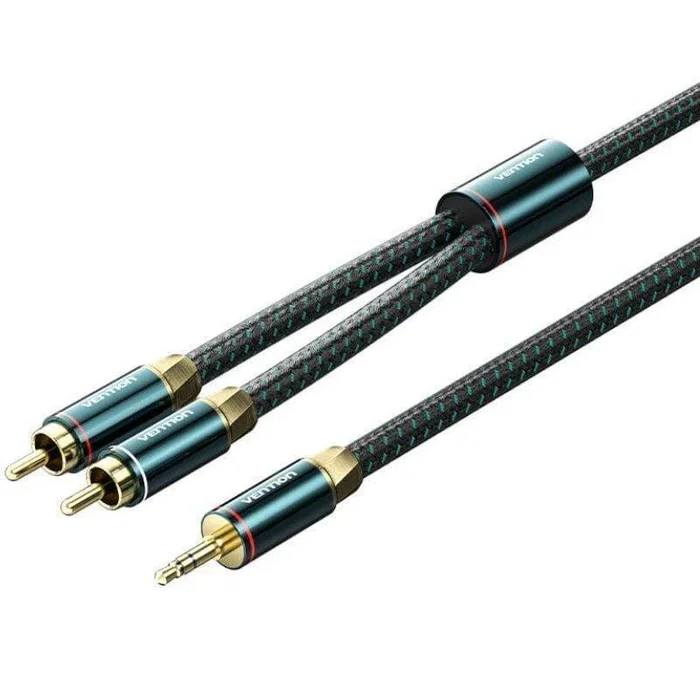 Vention BCSGF Cable Audio 3.5mm Macho a 2x RCA Macho, 1 Metro, Conectores Chapados en Oro, Conductores Cobre Plata, Funda Trenzada Verde y Negro