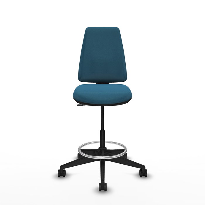 Taburete Elche con mecanismo Contacto permanente básico tapizada con Tela color Verde petróleo. Equipado con Base piramidal negra, Sin brazos y Ruedas 65mm nailon