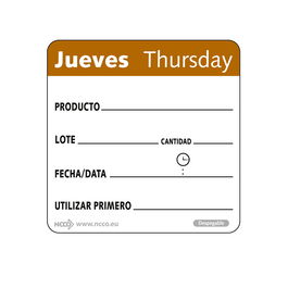 NCCO SRIDU2204 - Rollo de 500 etiquetas - "JUEVES" - 5 x 5 cm - Blanco y marrón - Venta 1 unidad.