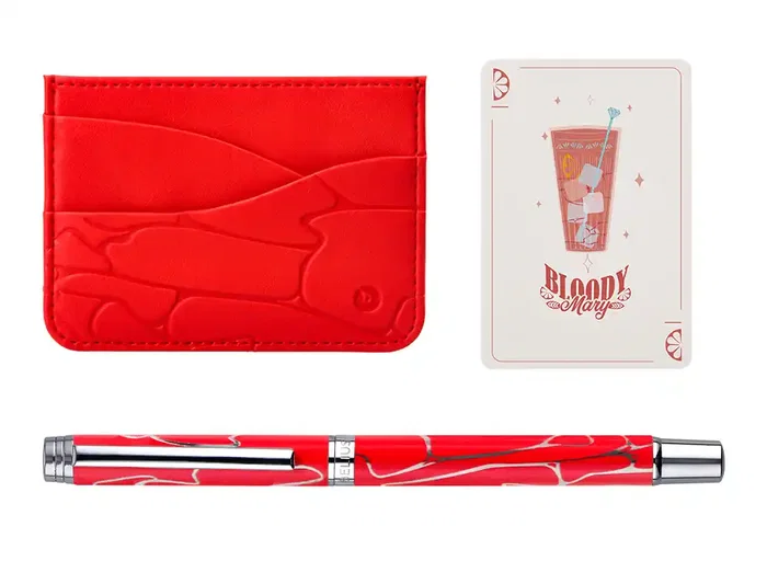 Belius Cocktails Boligrafo y Wallet Aluminio Rojo Plateado Relieve Tinta Azul Caja Diseño Elegante