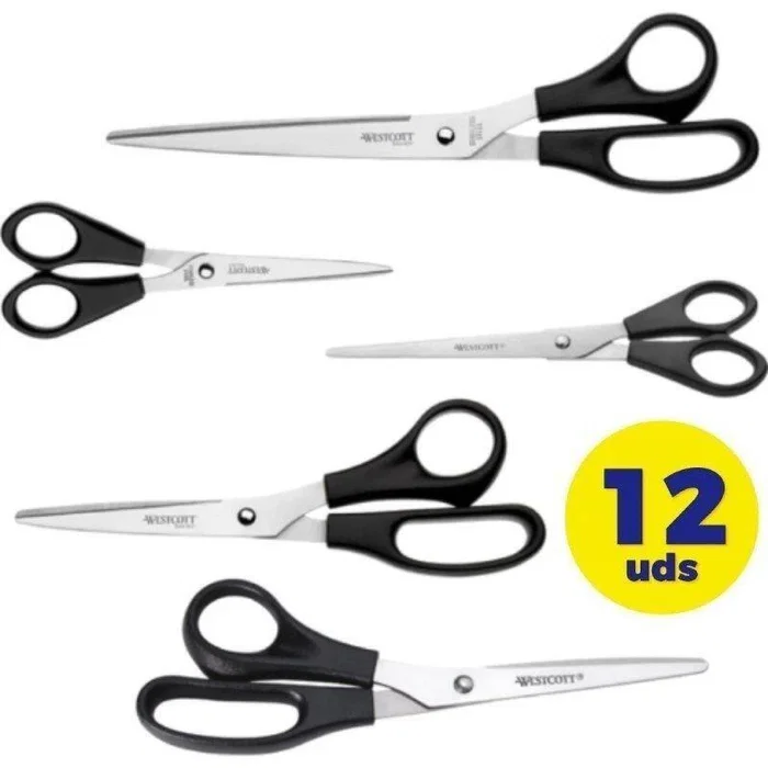 Westcott 73231181 Caja de 12 Unidades Tijeras de Oficina con Hojas de Acero Inoxidable y Mango de Plástico Negro