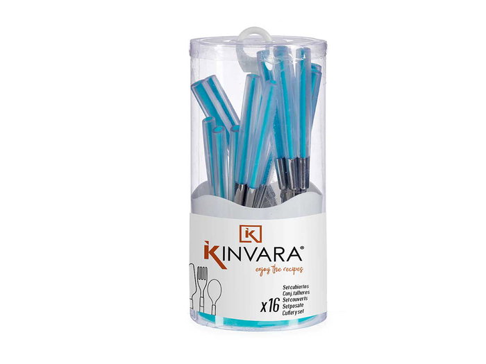 Kinvara Set de 16 cubiertos de acero inoxidable con mango azul