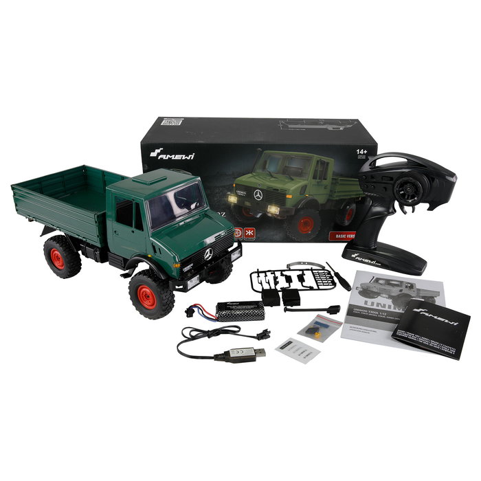 AMEWI Mercedes-Benz Unimog Camión RTR Off-Road 4x4 Eléctrico Escala 1:12 con Batería 1200 mAh Radio Control 2.4 GHz para 14+ Años - Verde