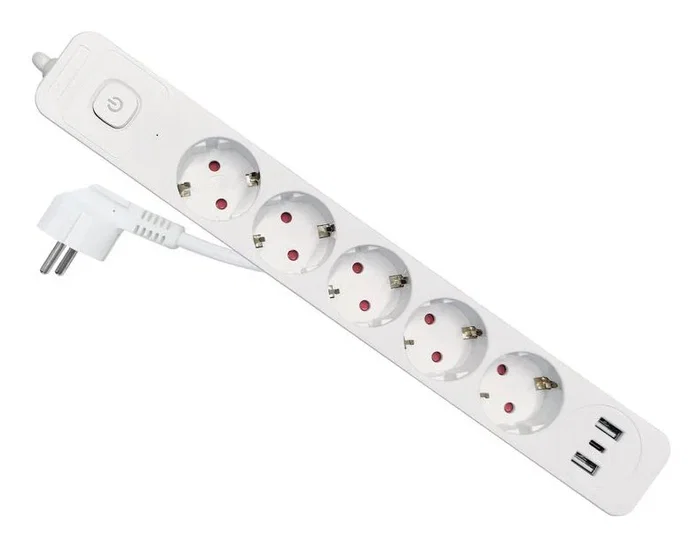 Equip Regleta eléctrica 245555 con 3 Puertos USB, 5 Salidas AC, Interruptor, 3500W, 16A, Cable 2.5m, Blanco, para Interior