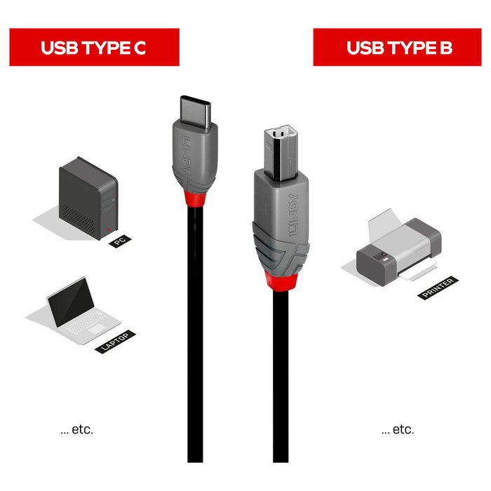 LINDY Cable USB 2.0 Tipo C a Tipo B, 3 metros, Negro, Velocidad de 480 Mbit/s, Referencia 36943