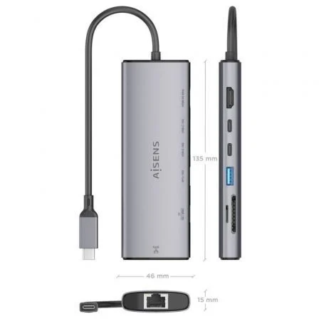 Aisens ASUC-7P032-GR Dock USB Tipo-C 7 en 1 con HDMI 4K, USB, 2xUSB Tipo-C, RJ45, Lector Tarjetas, Gris