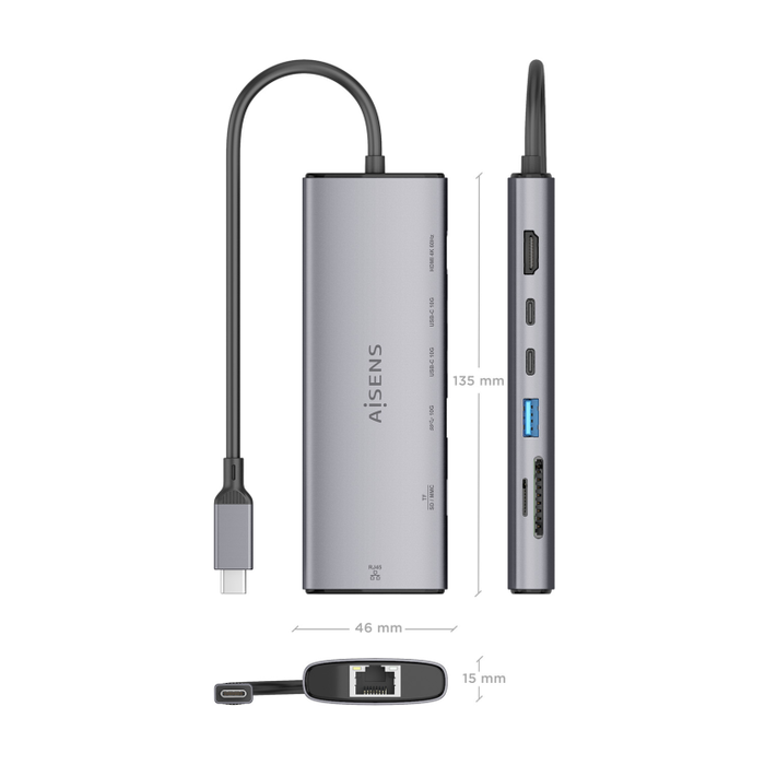 AISENS Dock 7 en 1 USB-C a HDMI, RJ45, 2xUSB-C 10G, USB-A 10G, SD, MicroSD, Gris