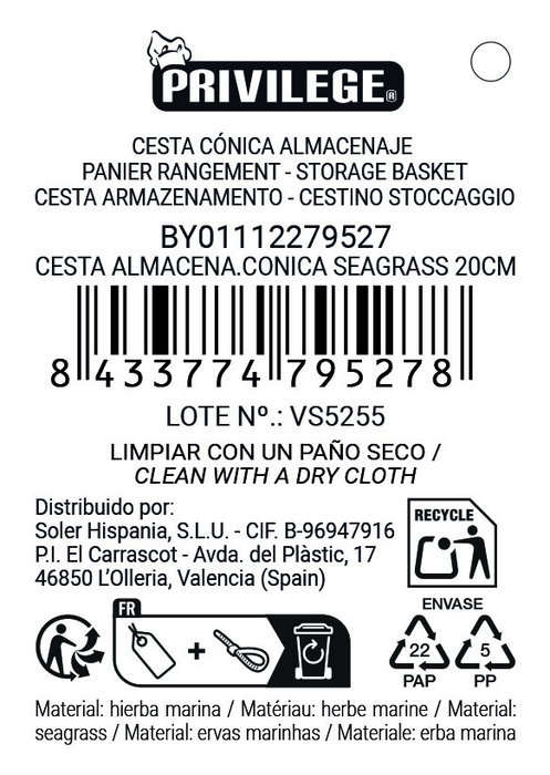 Inde Cesta Almacenaje Cónica Seagrass 20 cm (24 Unidades)