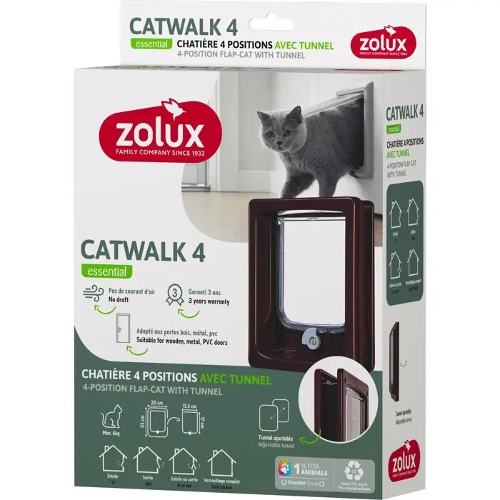 Zolux Gatera de 4 posiciones con túnel 20 x 25 cm para puertas de madera PVC y metal Marrón