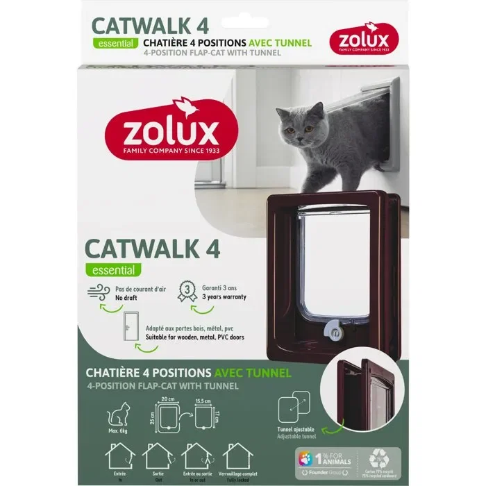 Zolux Gatera de 4 posiciones con túnel 20 x 25 cm para puertas de madera PVC y metal Marrón