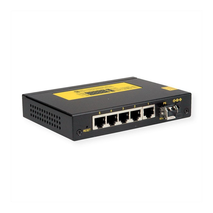 ROLINE Industrie 21.13.1162 Switch Gigabit Ethernet PoE con 5 Puertos RJ-45 10/100/1000 y 1 Ranura SFP, Montaje Carril DIN, Carcasa Metal Negro