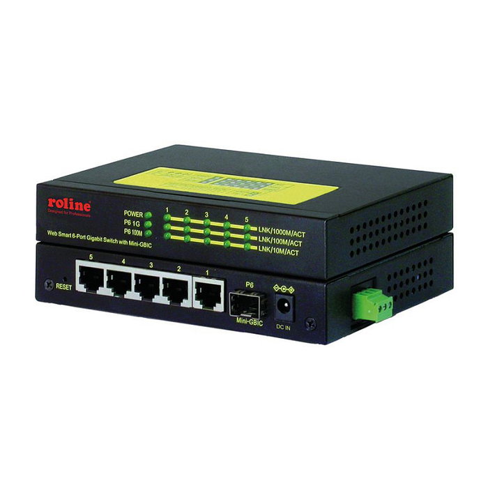 ROLINE Industrie 21.13.1162 Switch Gigabit Ethernet PoE con 5 Puertos RJ-45 10/100/1000 y 1 Ranura SFP, Montaje Carril DIN, Carcasa Metal Negro