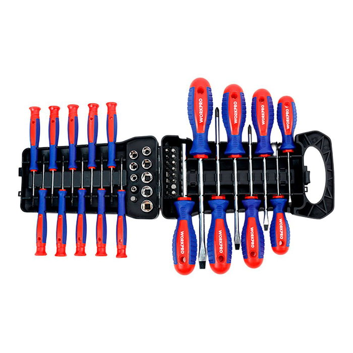 Workpro - Juego de Destornilladores Magnéticos de 45 Piezas con Soporte, Acero al Cromo Vanadio - 7 Destornilladores, 9 Vasos, 10 de Precisión y 16 Puntas