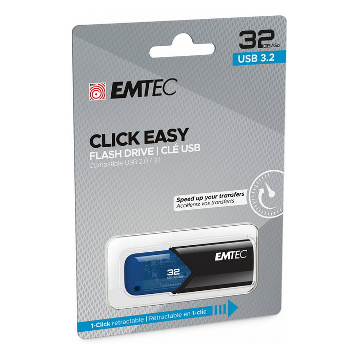 Emtec B110 Pendrive USB 3.2 Click Easy, 32 GB, Negro/Azul, con interfaz USB tipo A, velocidad de lectura de 20 MB/s