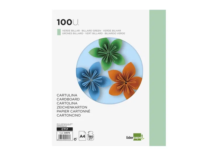 Liderpapel Cartulina A4 180g/m2 Verde Paquete 100 Hojas