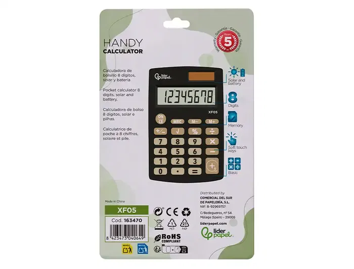 Liderpapel xf05 Calculadora de Bolsillo 8 Dígitos Solar y Pila Color Negro 98x62x8 mm