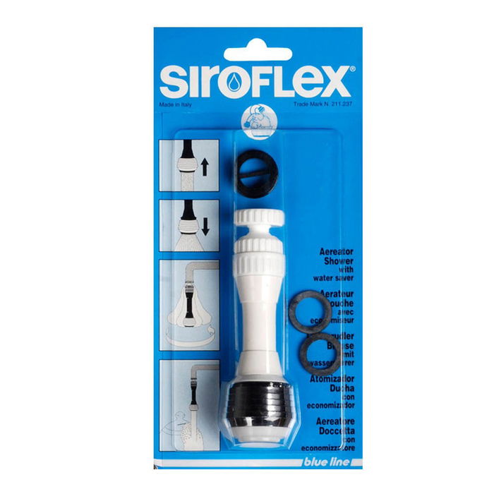 Siroflex Atomizador Ducha Economizador Blanco Cromado 11 cm, Cabezal 360°, Blue Line, Chorros Ducha y Concentrado, Rosca 22x1/24x1