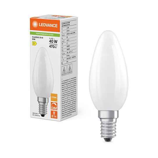 OSRAM LED CLASSIC B DIM P Bombilla LED CLB40 DIM 3.4W E14 Dimmable, 470 lm, Blanco Cálido 2700K, Forma Vela