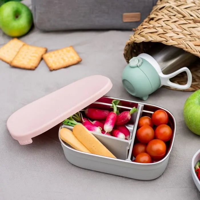 Beaba Fiambrera infantil de acero inoxidable, tapa de silicona y funda protectora, Gris terciopelo y rosa empolvado