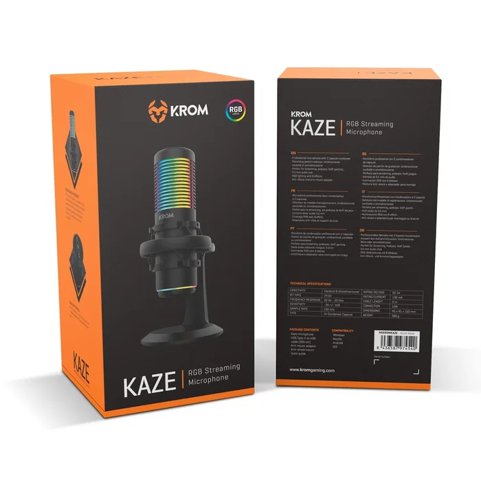 Krom Kaze NXKROMKAZE Micrófono para Streaming y PC, Condensador Doble, Patrones Cardioide/Omnidireccional, RGB, USB-C, Incluye Soporte Antishock - Negro