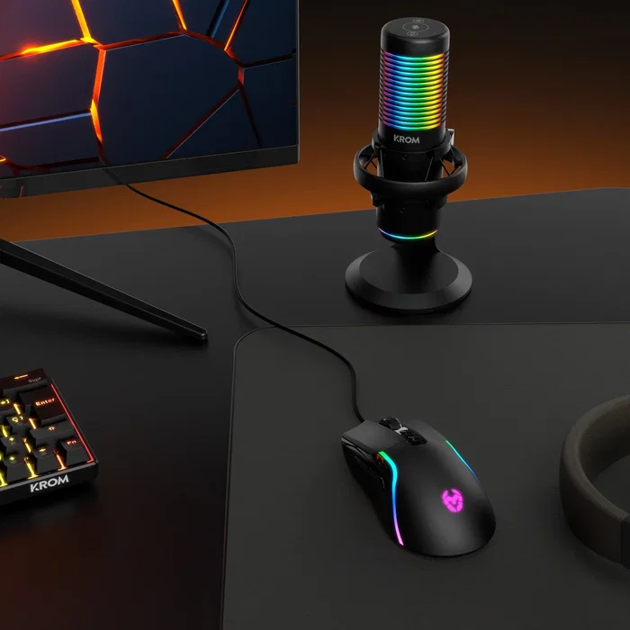Krom Kaze NXKROMKAZE Micrófono para Streaming y PC, Condensador Doble, Patrones Cardioide/Omnidireccional, RGB, USB-C, Incluye Soporte Antishock - Negro