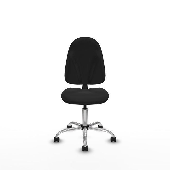 Silla de oficina Algarra con mecanismo Contacto permanente básico tapizada con Similpiel color Negro. Equipada con Base cromada, Sin brazos y Ruedas autofrenantes