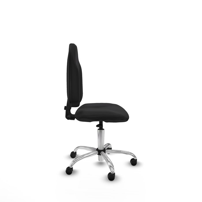 Silla de oficina Algarra con mecanismo Contacto permanente básico tapizada con Similpiel color Negro. Equipada con Base cromada, Sin brazos y Ruedas autofrenantes