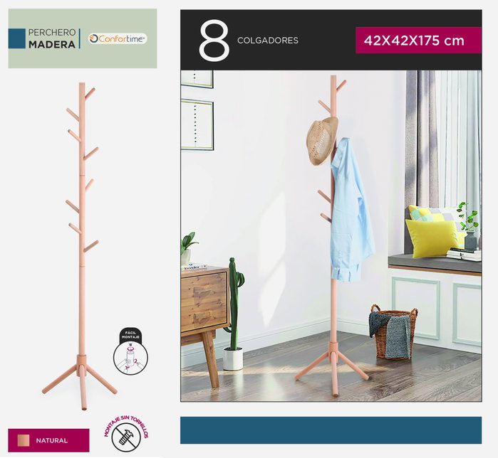 Confortime Perchero Madera Haya Natural 175cm