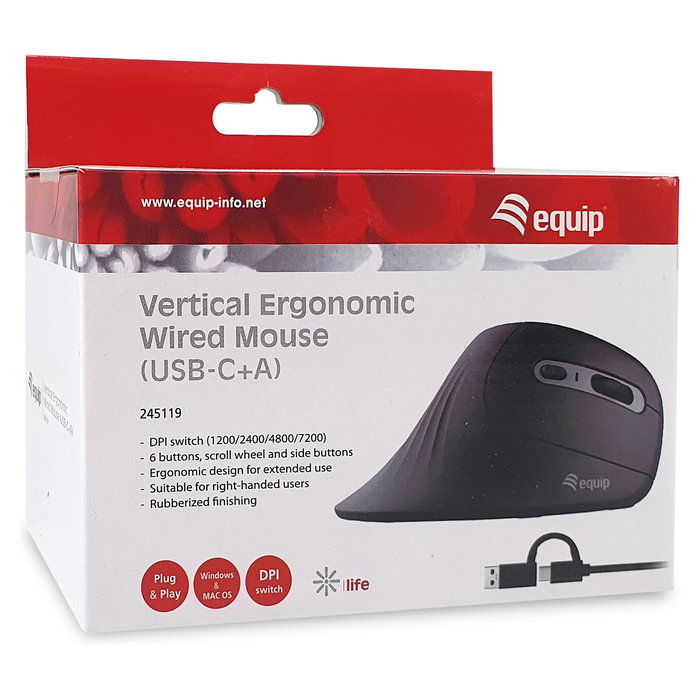 EQUIP Ratón Ergonómico para Diestros USB-A/USB-C, Negro, Cable de 1.80m EQUIP Ratón Ergonómico para Diestros USB-A/USB-C, Negro, Cable de 1.80m