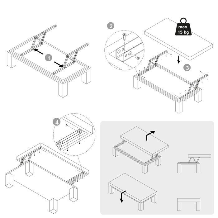 Emuca Juego de mecanismos elevables para mesas de centro, permite elevar la mesa 135mm, Acero, Pintado negro
