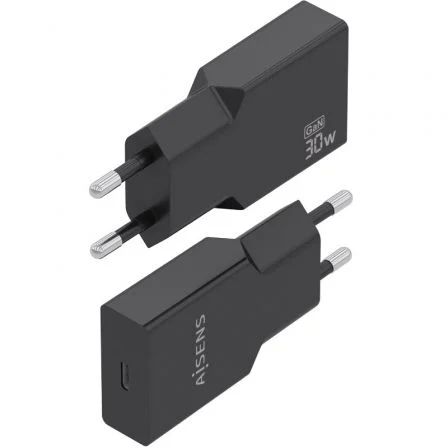 Aisens Cargador GaN Ultra Delgado 30W PD3.0 1xUSB-C Negro A110-1004 para Portátil, Móvil, Tablet