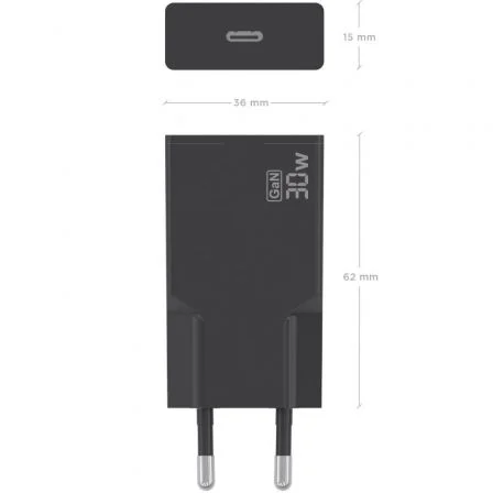 Aisens Cargador GaN Ultra Delgado 30W PD3.0 1xUSB-C Negro A110-1004 para Portátil, Móvil, Tablet