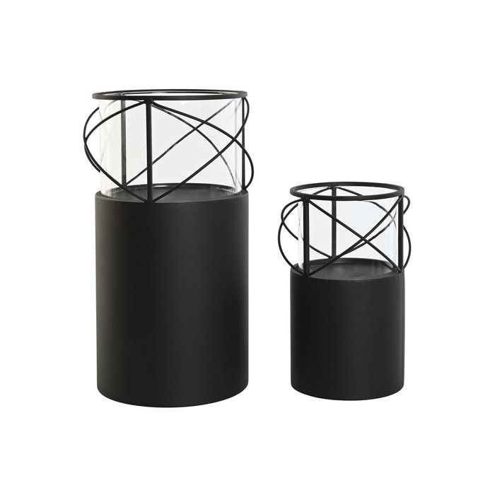 DKD Home Decor Set de 2 Portavelas de Metal y Cristal Negro