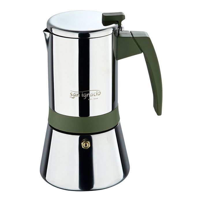 San Ignacio Cafetera Experto 6 Tazas (300 ml) Acero Inoxidable Para Inducción, Ø10.5 x 19 cm, Asa Nylon Verde Oliva con Silicona, Modelo PQ-7764C