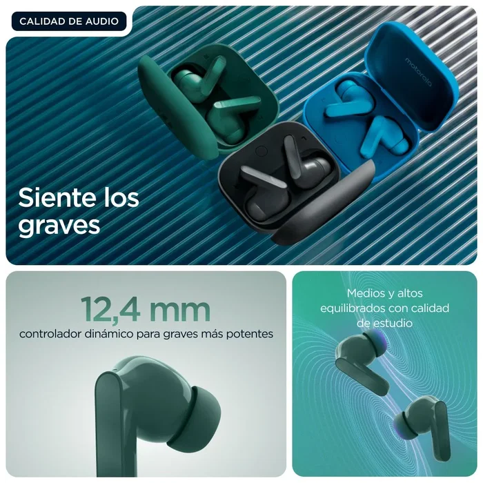 Motorola Moto Buds Bass Verde, Auriculares TWS In-ear con Cancelación de Ruido