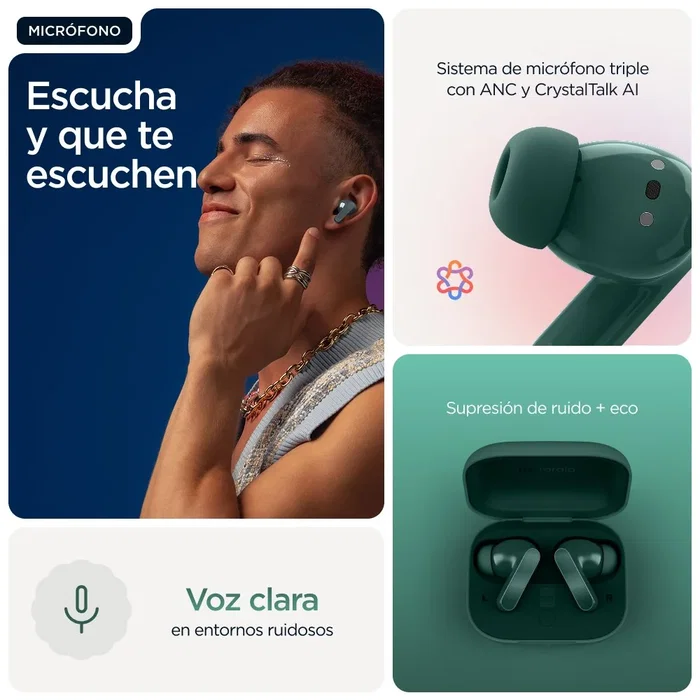 Motorola Moto Buds Bass Verde, Auriculares TWS In-ear con Cancelación de Ruido