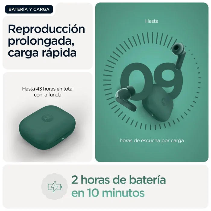 Motorola Moto Buds Bass Verde, Auriculares TWS In-ear con Cancelación de Ruido